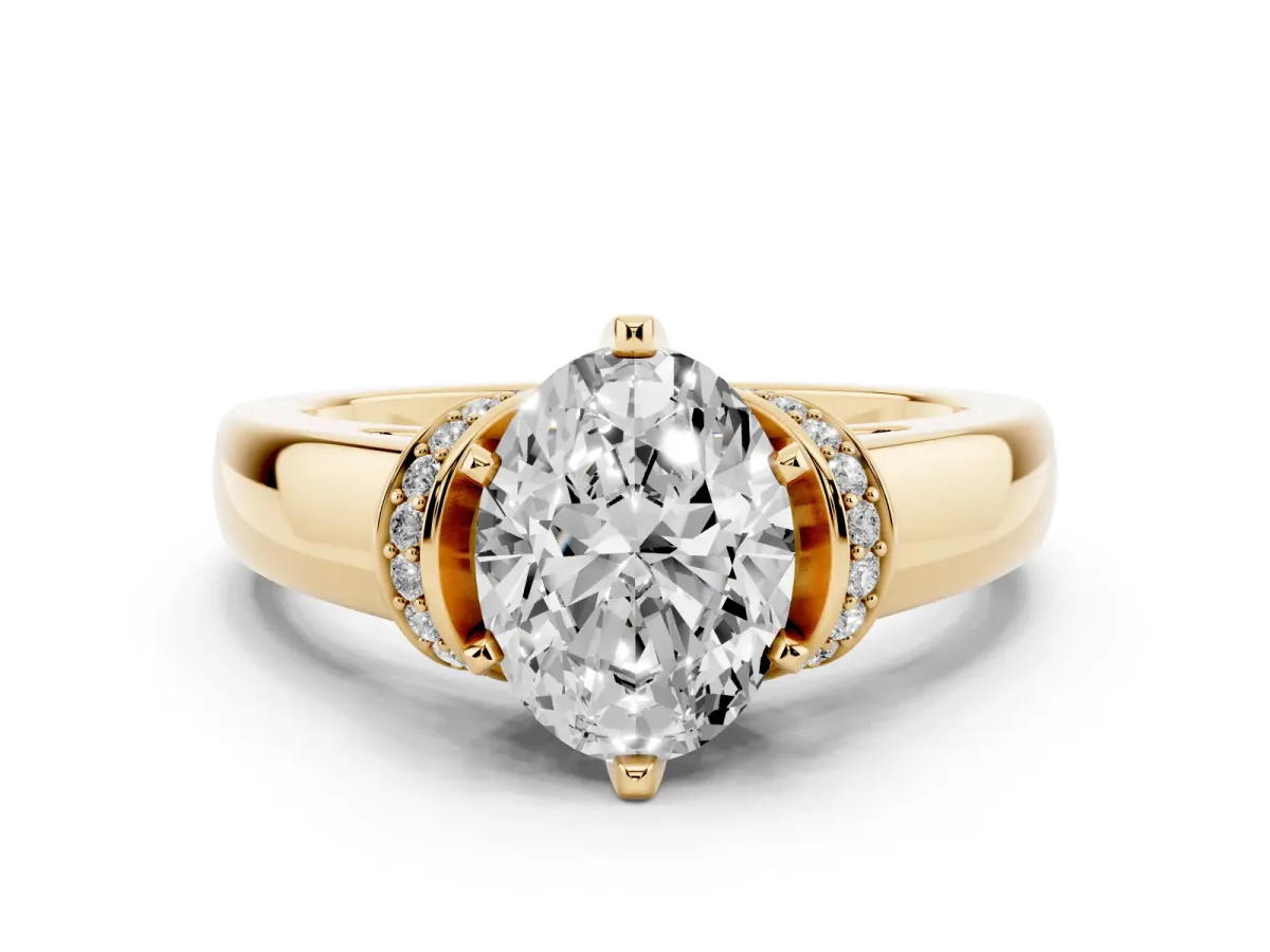 Oval Cut Solitaire Diamond Ring with Pave Band and Six-Prong Setting Yellow gold