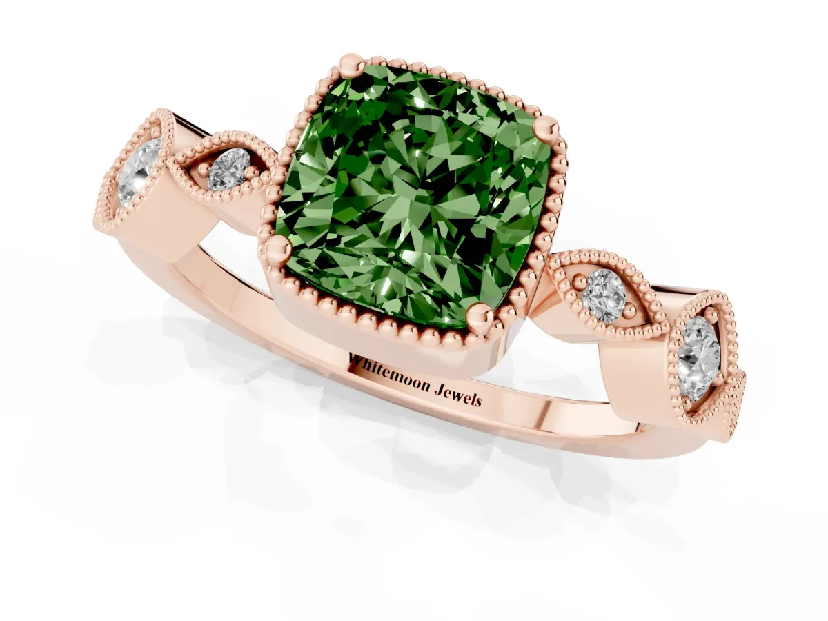 Fancy Green Cushion Cut Diamond Vintage Milgrain Ring with Round Stations Rose gold