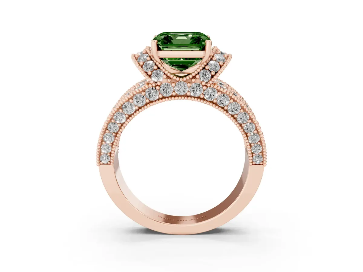 Fancy Green Asscher Cut Halo Pave Diamond Engagement Ring with Milgrain Detailing Rose gold