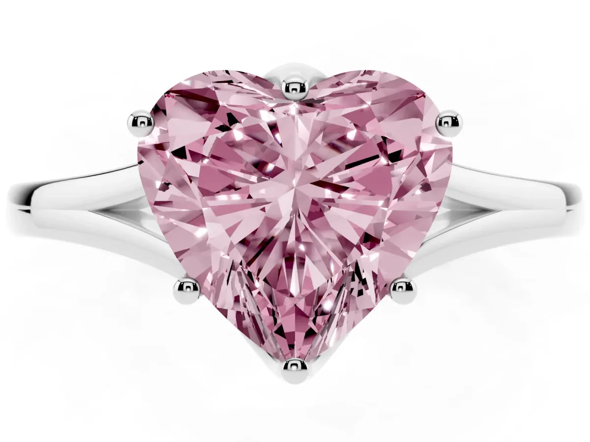 Fancy Pink Heart Cut Solitaire Diamond Ring with Six-Prong Setting and Tapered Band Platinum
