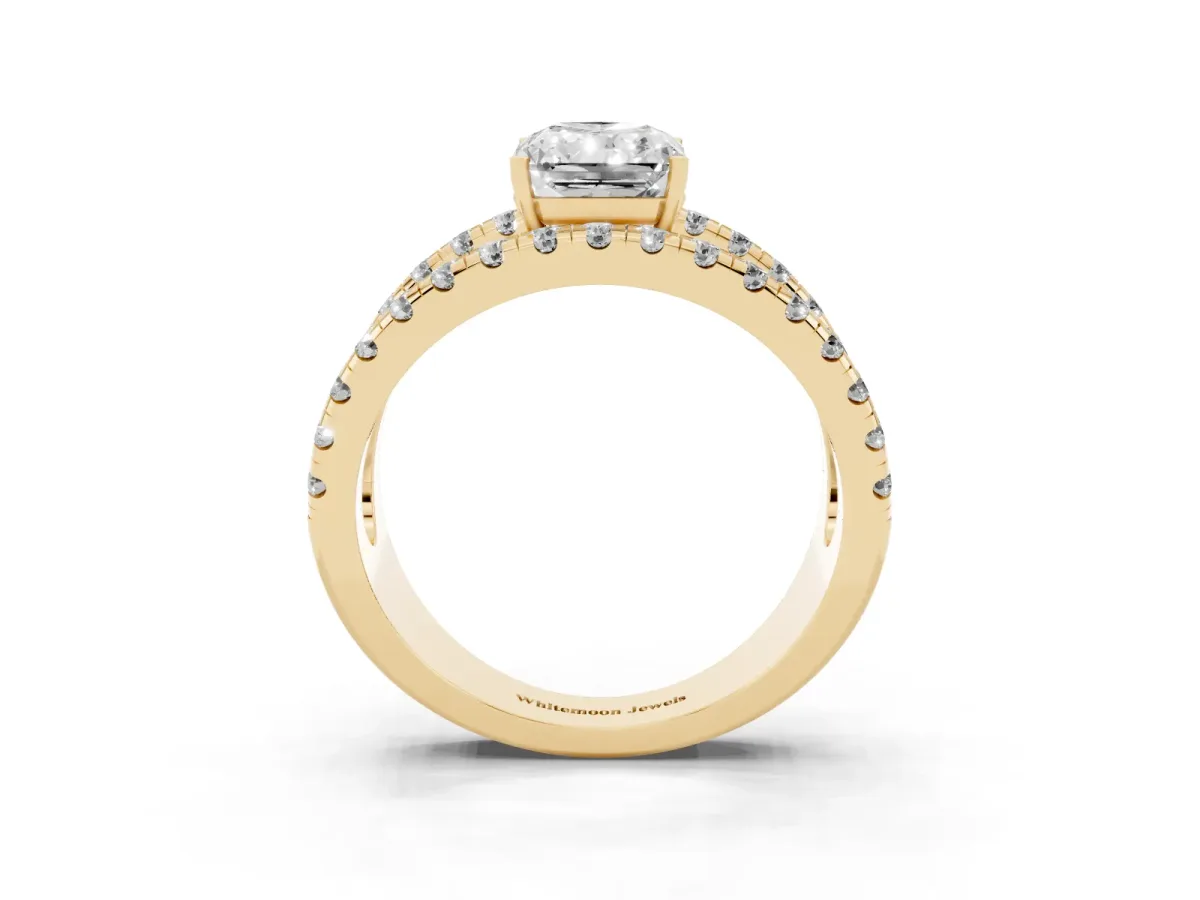 Radiant Cut Solitaire Split Shank Pave Diamond Ring Yellow gold