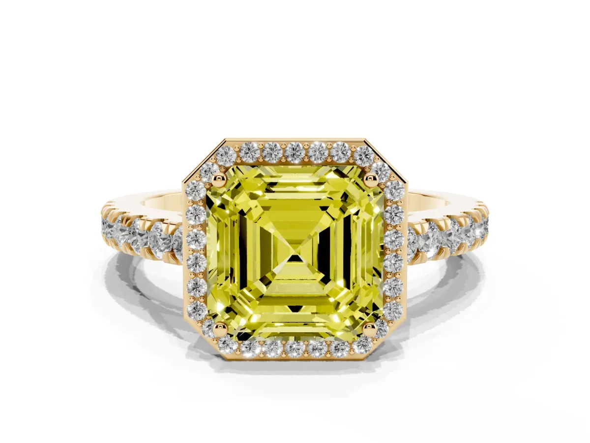 Fancy Yellow Asscher Cut Cut Halo Diamond Engagement Ring with Pave Band and Four-Prong Setting Yellow gold