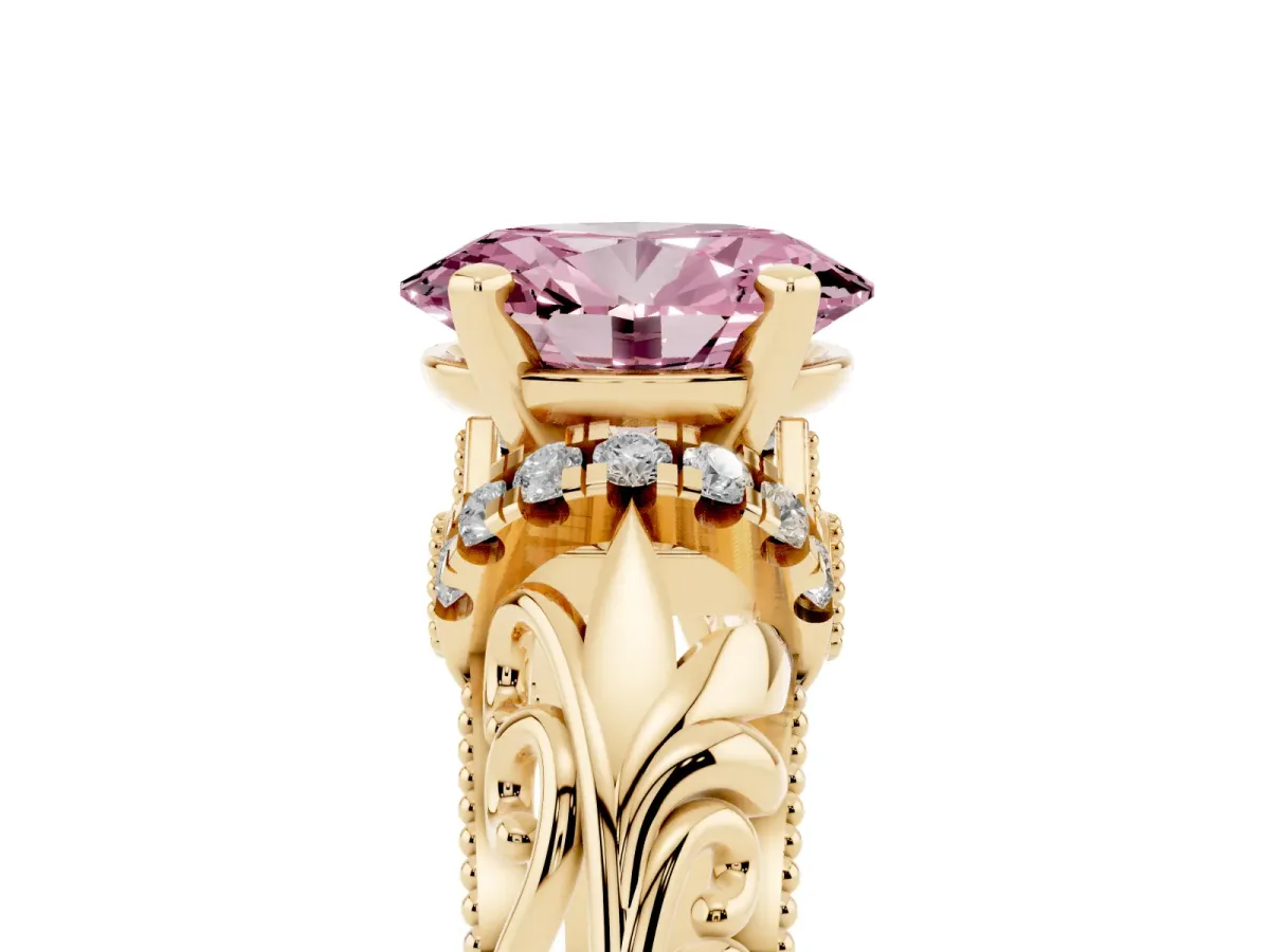 Fancy Pink Oval Cut Solitaire Filigree Engagement Ring with Halo and Prong Setting Yellow gold