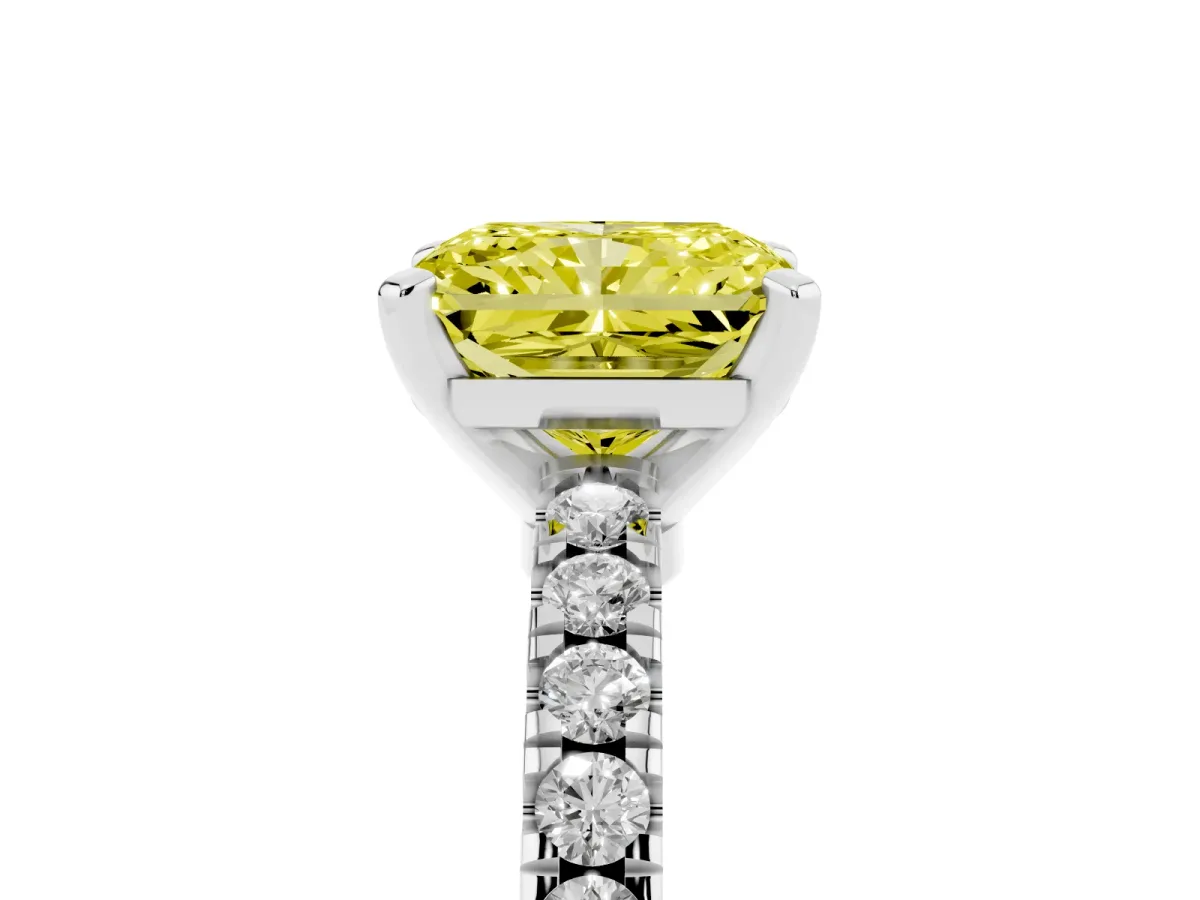 Fancy Yellow Radiant Cut Solitaire Diamond with Pavé Band and Four-Prong Setting White gold
