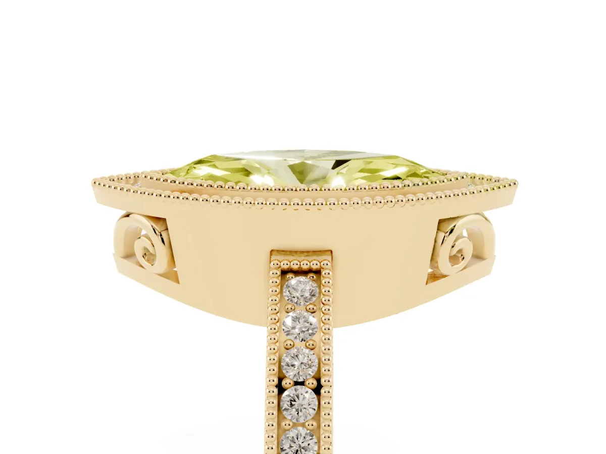 Fancy Yellow Marquise Cut Cut Halo Diamond Ring with Pavé Band and Milgrain Prong Setting Yellow gold