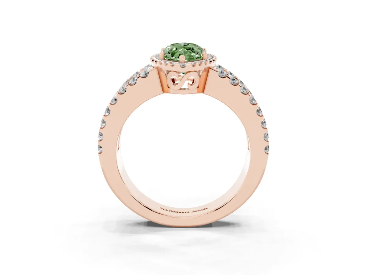 Fancy Green Marquise Cut Cut Halo Split Shank Diamond Ring with Four-Prong Setting Rose gold