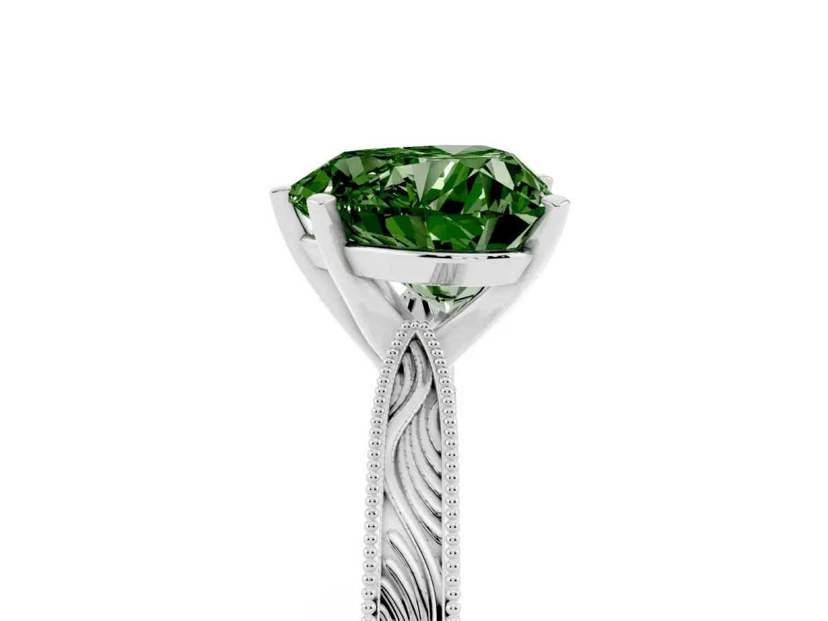 Fancy Green Heart Cut Solitaire Milgrain Engraved Band with Four-Prong Setting Silver