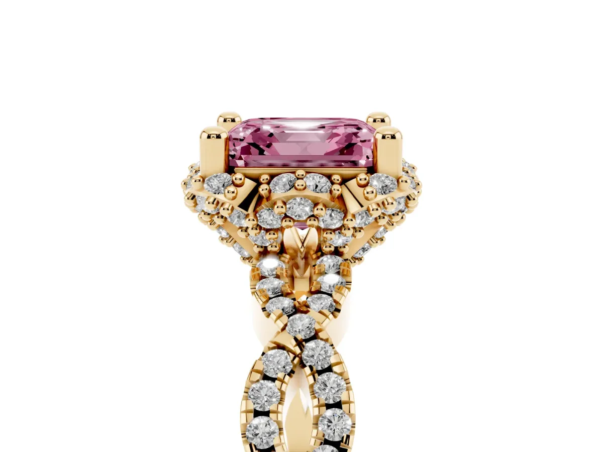 Fancy Pink Asscher Cut Halo Twist Band Solitaire Ring with Six-Prong Setting Yellow gold