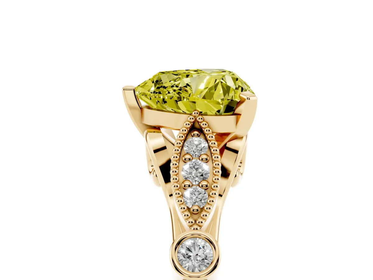 Fancy Yellow Heart Cut Cut Diamond with Milgrain Marquise and Bezel Accents on a Solitaire Band with Prong Setting Yellow gold