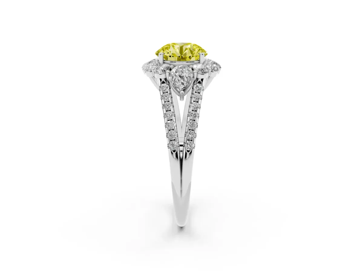 Fancy Yellow Round Cut Halo Split Shank Diamond Engagement Ring with Prong Setting Silver