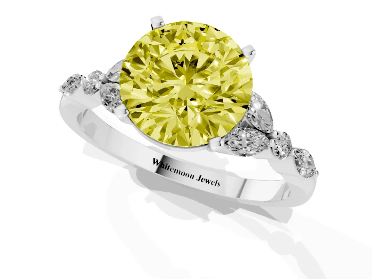 Fancy Yellow Round Cut Diamond Solitaire Ring with Side Stones and Four-Prong Setting Platinum