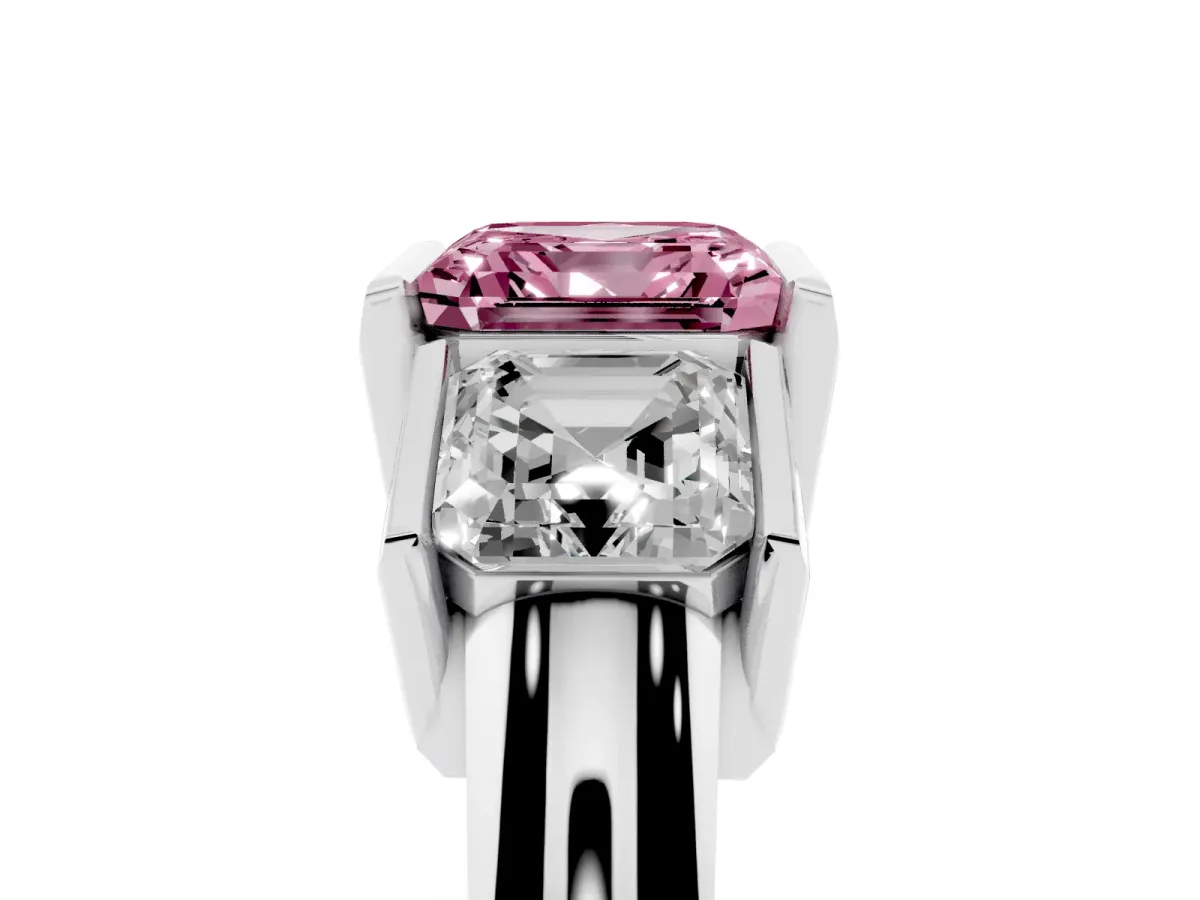Fancy Pink Three Stone Asscher Cut Cut Channel Set Diamond Ring Platinum
