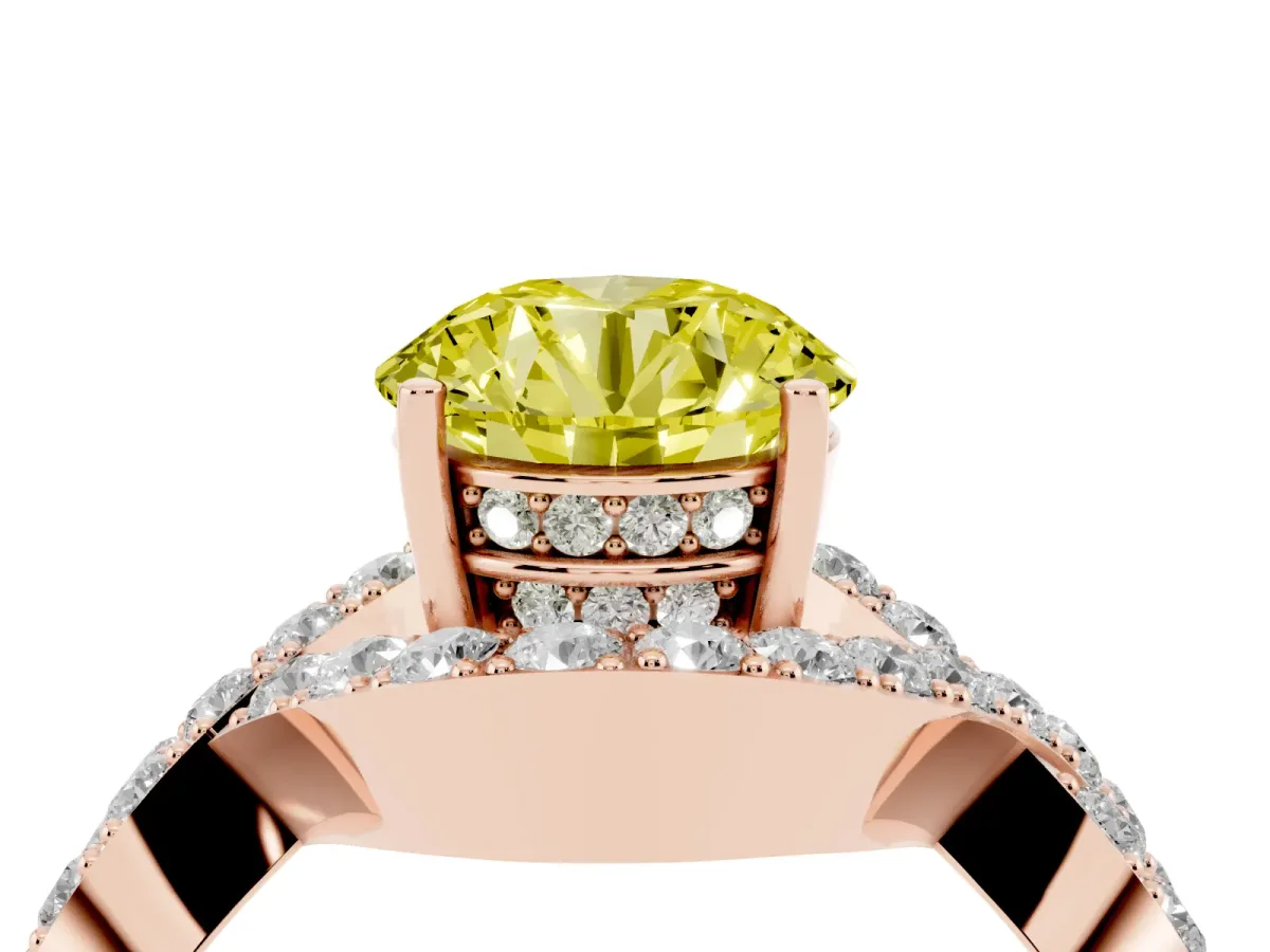 Fancy Yellow Round Cut Solitaire Twist Band Pavé Diamond Engagement Ring Rose gold
