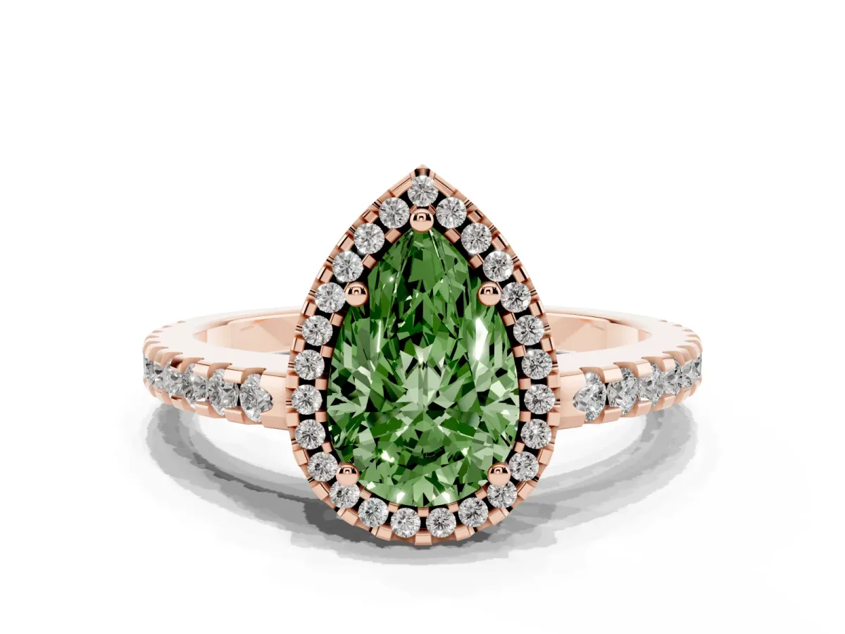Fancy Green Pear Cut Diamond Halo Engagement Ring with Pavé Band and Prong Setting Rose gold