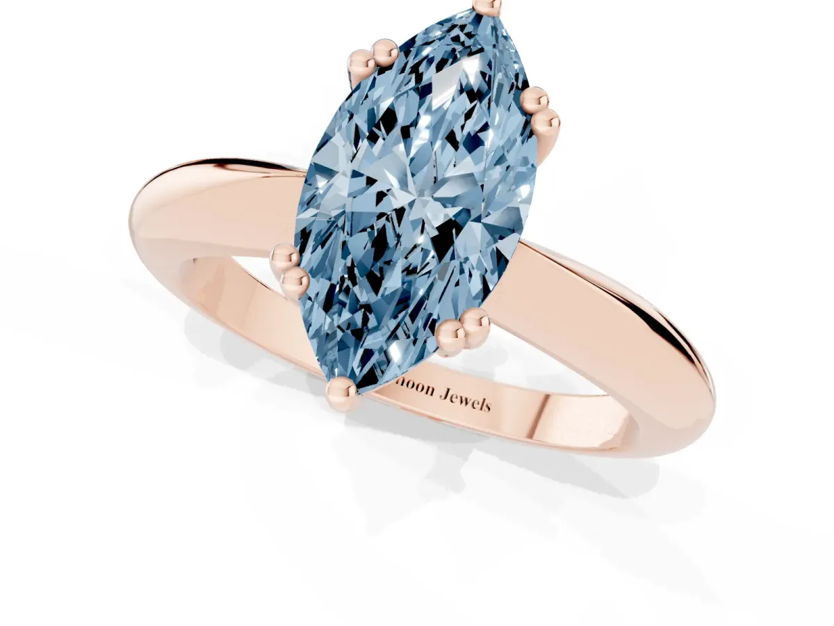 Fancy Blue Marquise Cut Cut Solitaire Engagement Ring with Tapered Band and Four-Prong Setting Rose gold