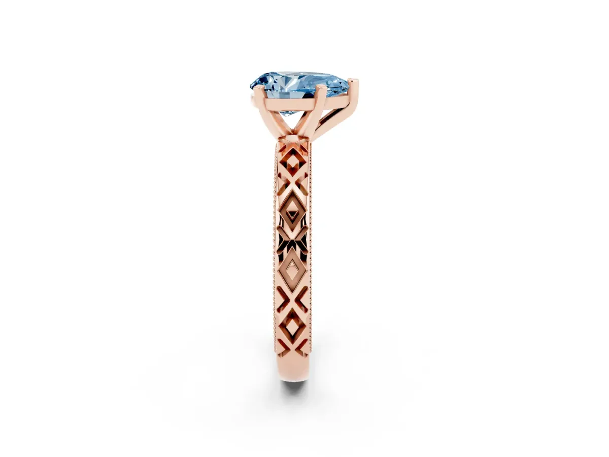 Fancy Blue Pear Cut Solitaire Diamond Ring with Milgrain and Black Enamel X Pattern Band Rose gold
