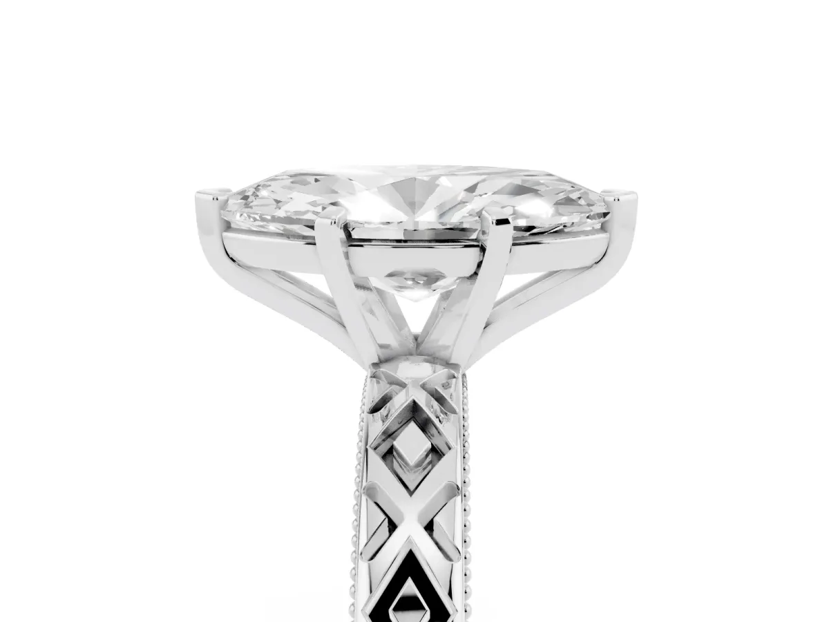 Marquise Cut Solitaire Diamond Ring with Milgrain and Black Enamel X Pattern Band Platinum
