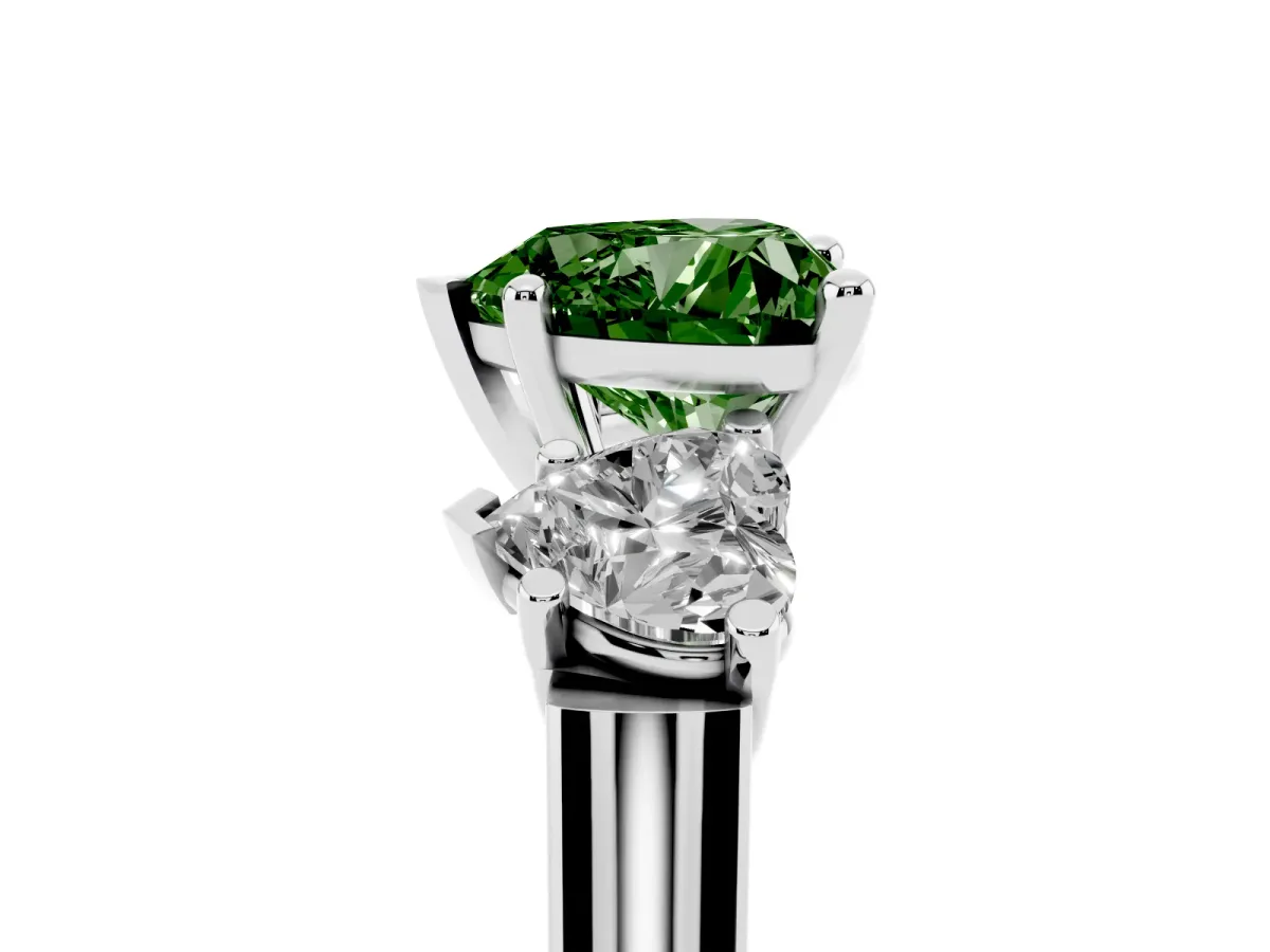 Fancy Green Three-Stone Heart Cut Brilliant Diamond Trellis Ring with Comfort Fit Band Platinum