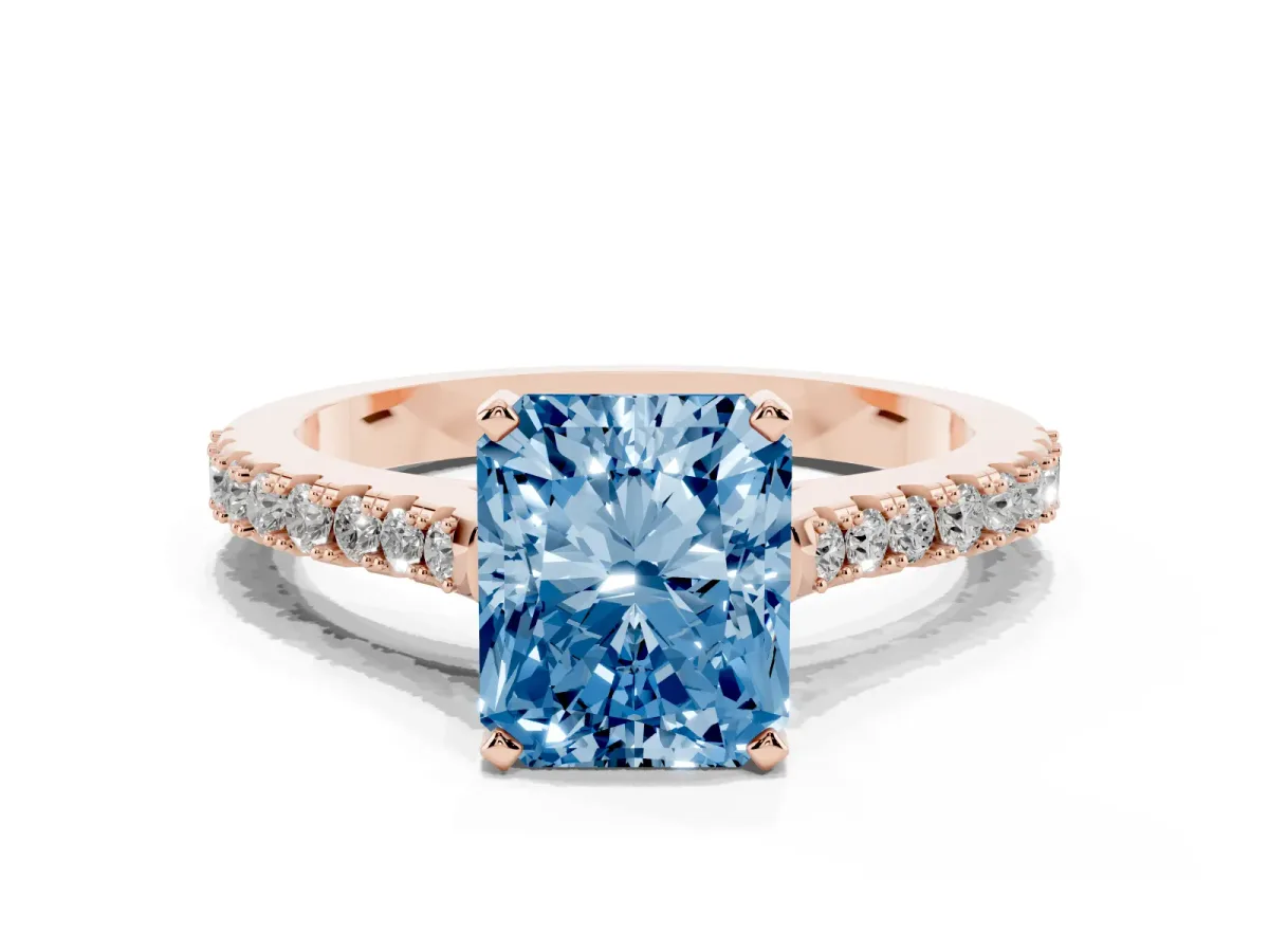 Fancy Blue Radiant Cut Cut Solitaire Diamond Engagement Ring with Pave Band and Four-Prong Setting Rose gold