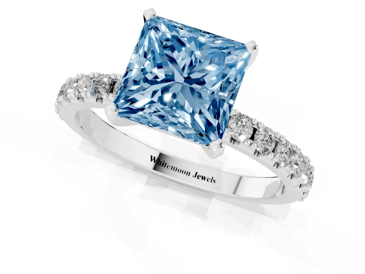 Fancy Blue Princess Cut Diamond Solitaire Pavé Band with Four-Prong Setting Silver