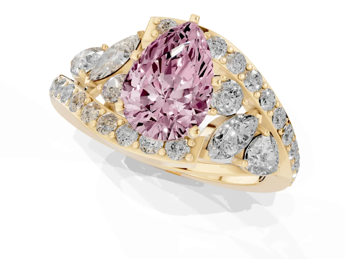 Fancy Pink Pear Cut Diamond Halo Ring with Marquise and Pavé Band in Prong Setting Yellow gold