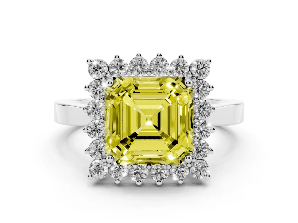 Fancy Yellow Asscher Cut Cut Diamond Halo Ring with Round Brilliant Halo and Solitaire Band Platinum