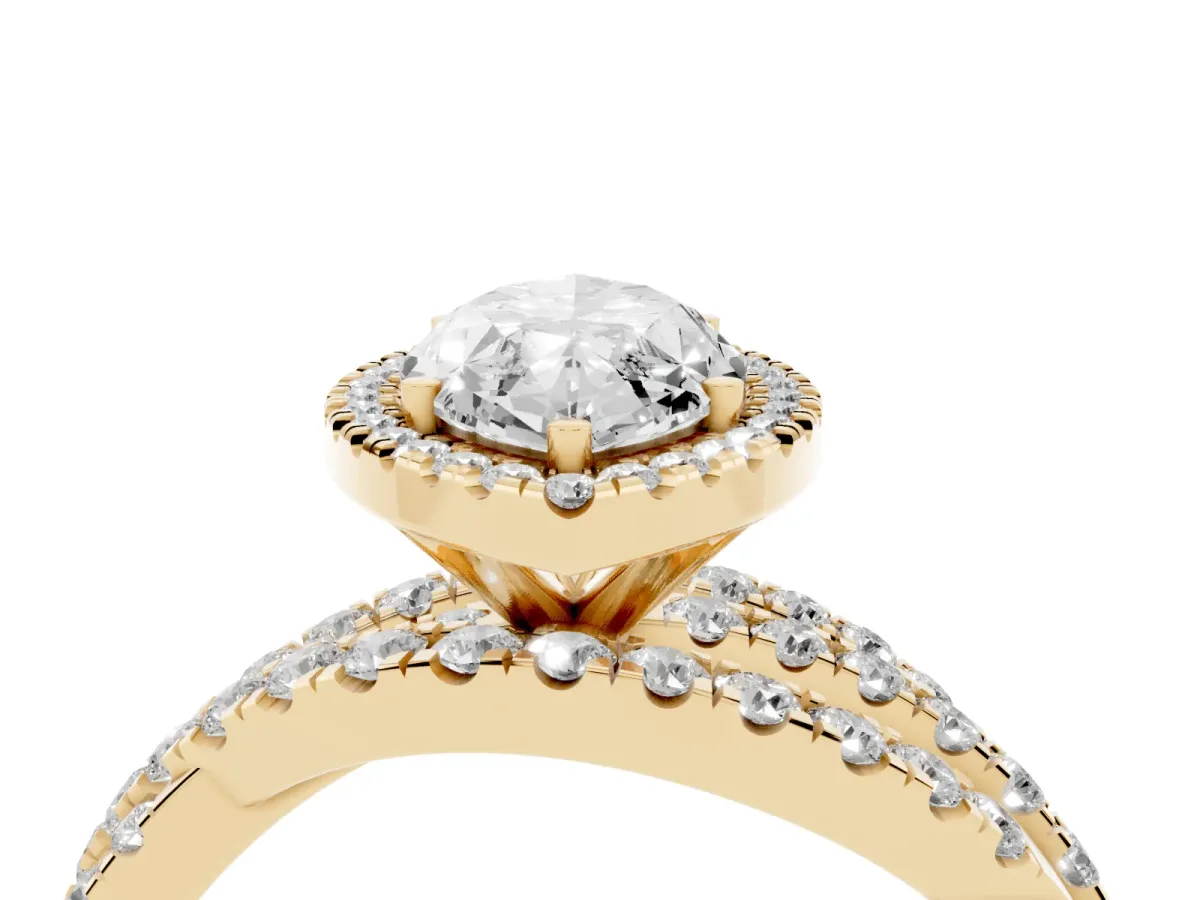 Marquise Cut Diamond Halo Ring with Round Split Shank and Prong Setting Yellow gold
