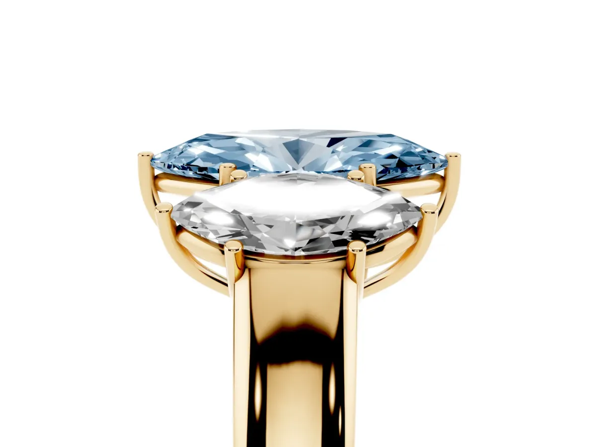 Fancy Blue Three-Stone Marquise Cut Cut Diamond Ring with Prong Setting and Classic Band Yellow gold