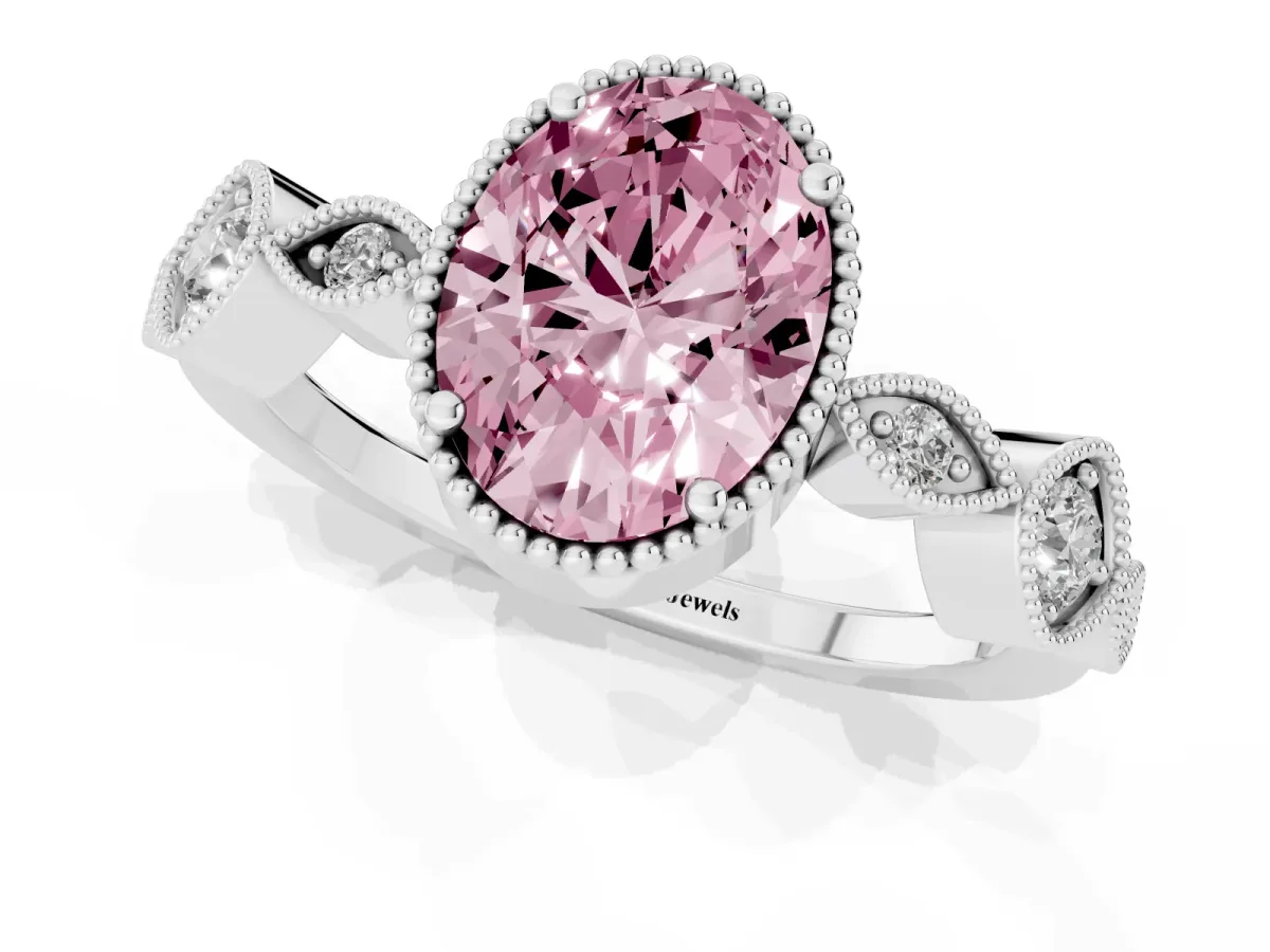 Fancy Pink Oval Cut Diamond Vintage Milgrain Ring with Round Stations Silver