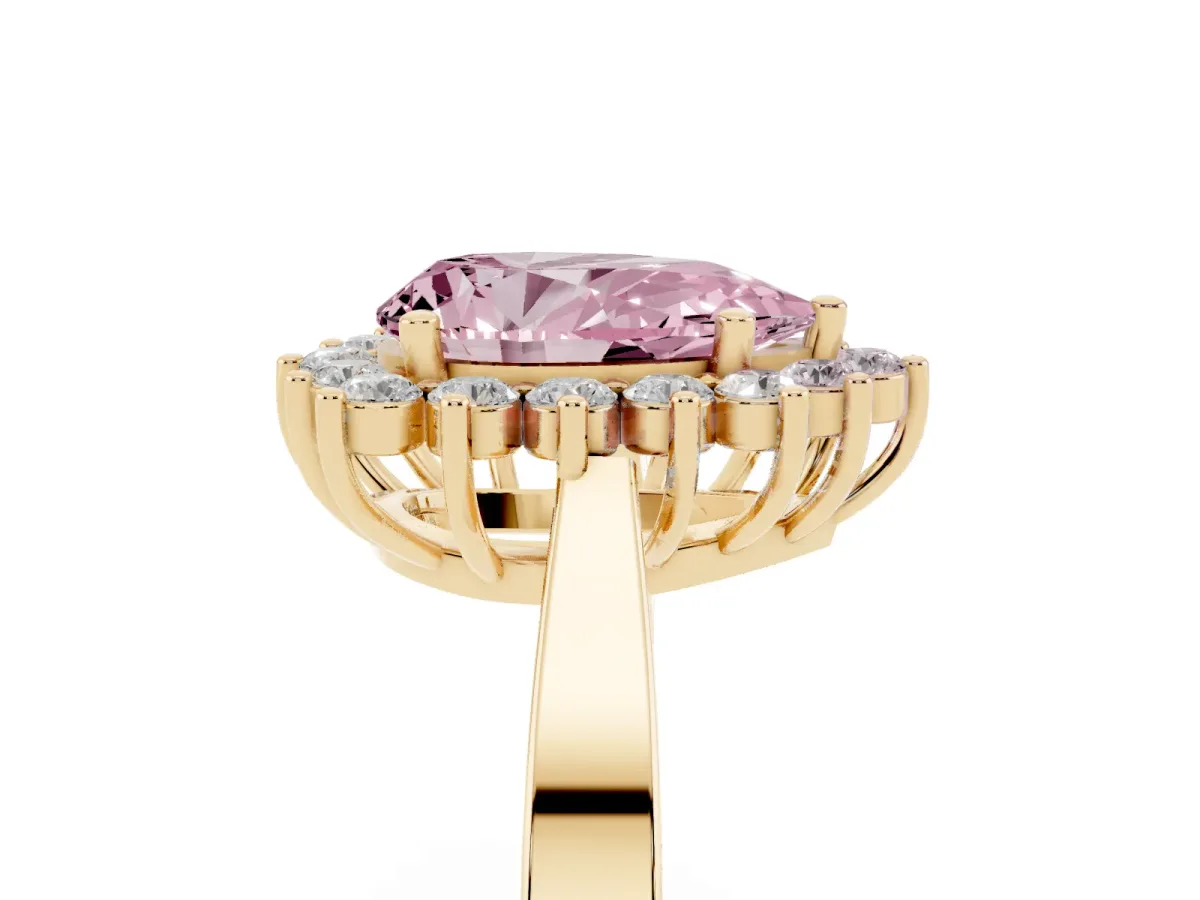 Fancy Pink Pear Cut Cut Diamond Halo Ring with Round Brilliant Halo and Solitaire Band Yellow gold