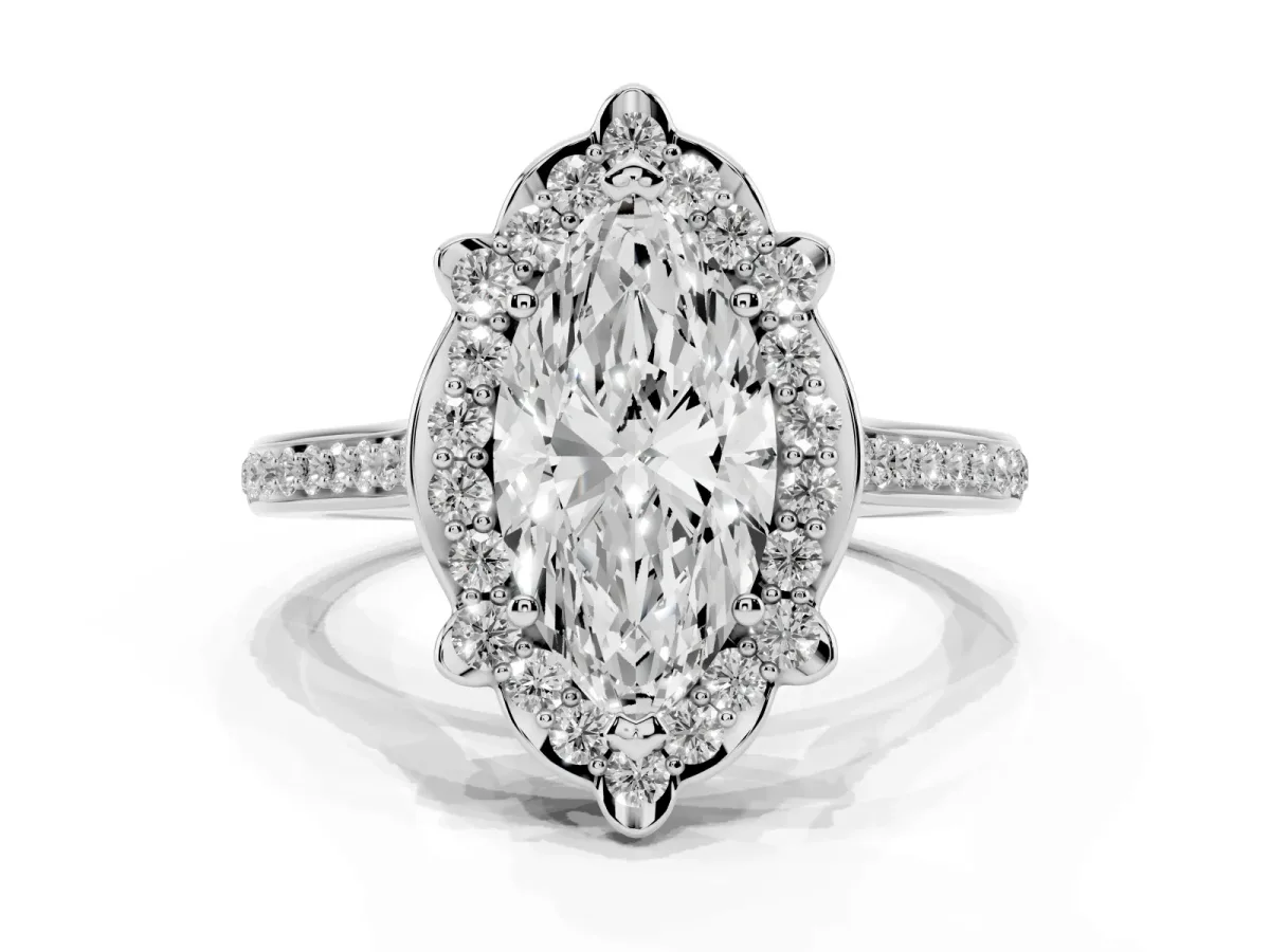 Marquise Cut Halo Round Diamond Pave Band with Four-Prong Setting Silver