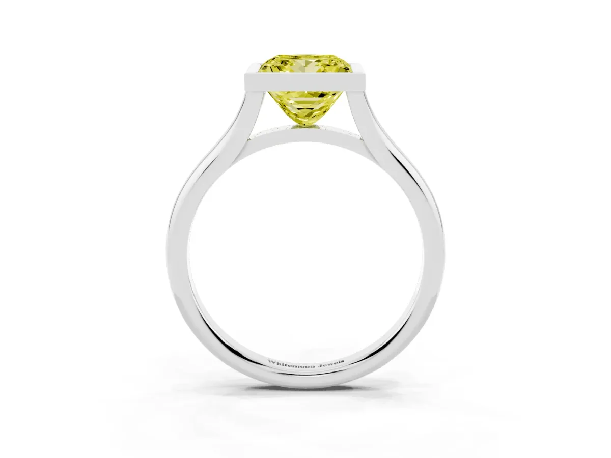 Fancy Yellow Bezel Set Princess Cut Cut Solitaire Ring with Tapered Band Silver