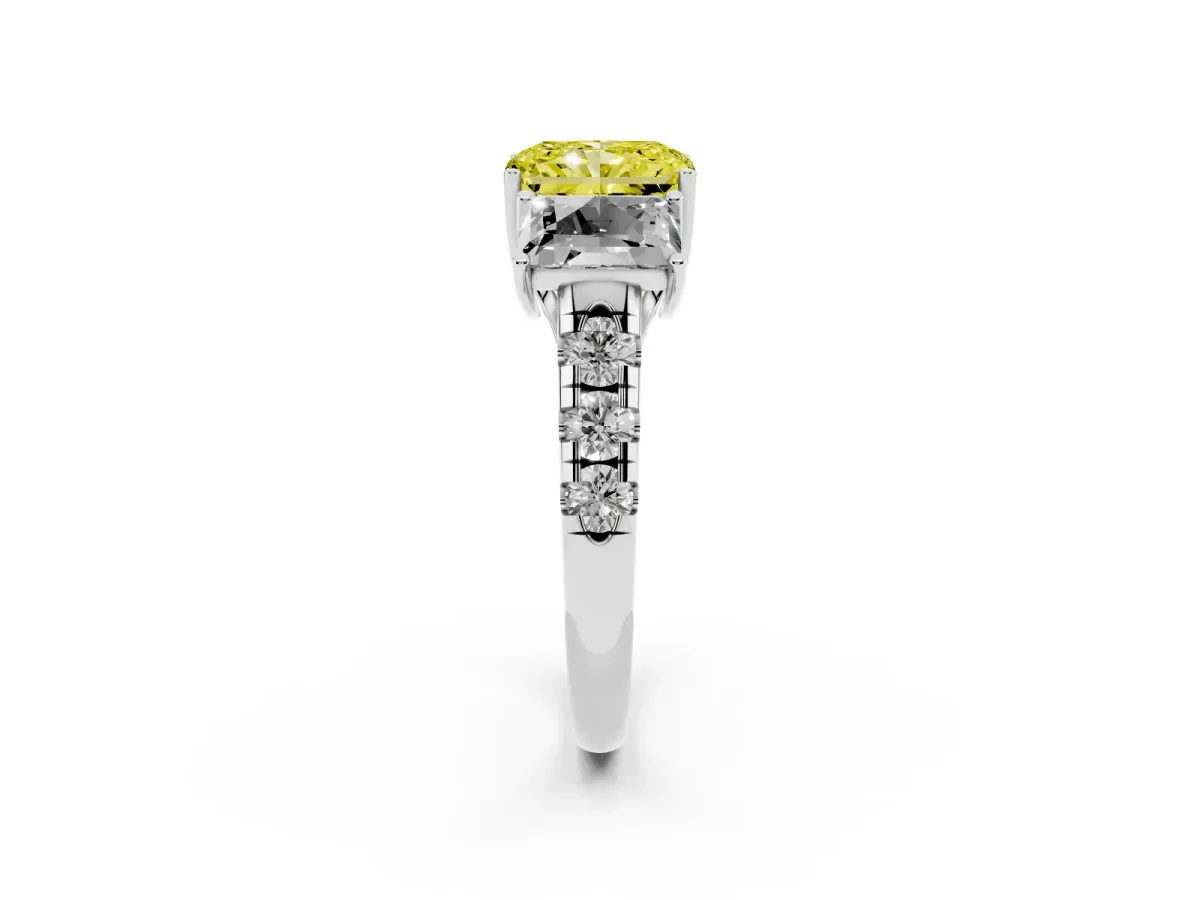 Fancy Yellow Three-Stone Radiant Cut Diamond Pavé Band with Prong Setting Silver