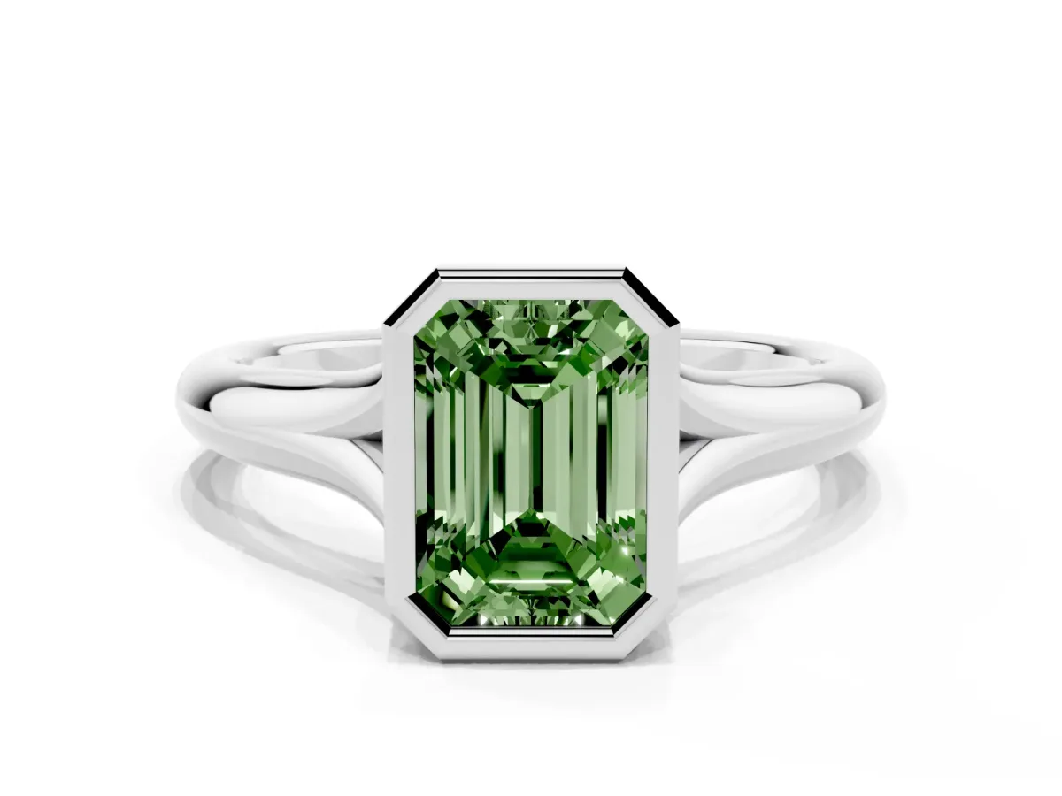 Fancy Green Bezel Set Emerald Cut Solitaire Diamond Ring with Smooth Band Silver