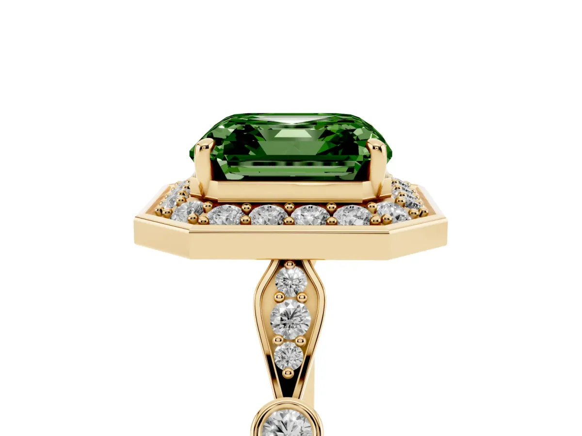 Fancy Green Asscher Cut Halo Diamond Engagement Ring with Twisted Band and Four-Prong Setting Yellow gold