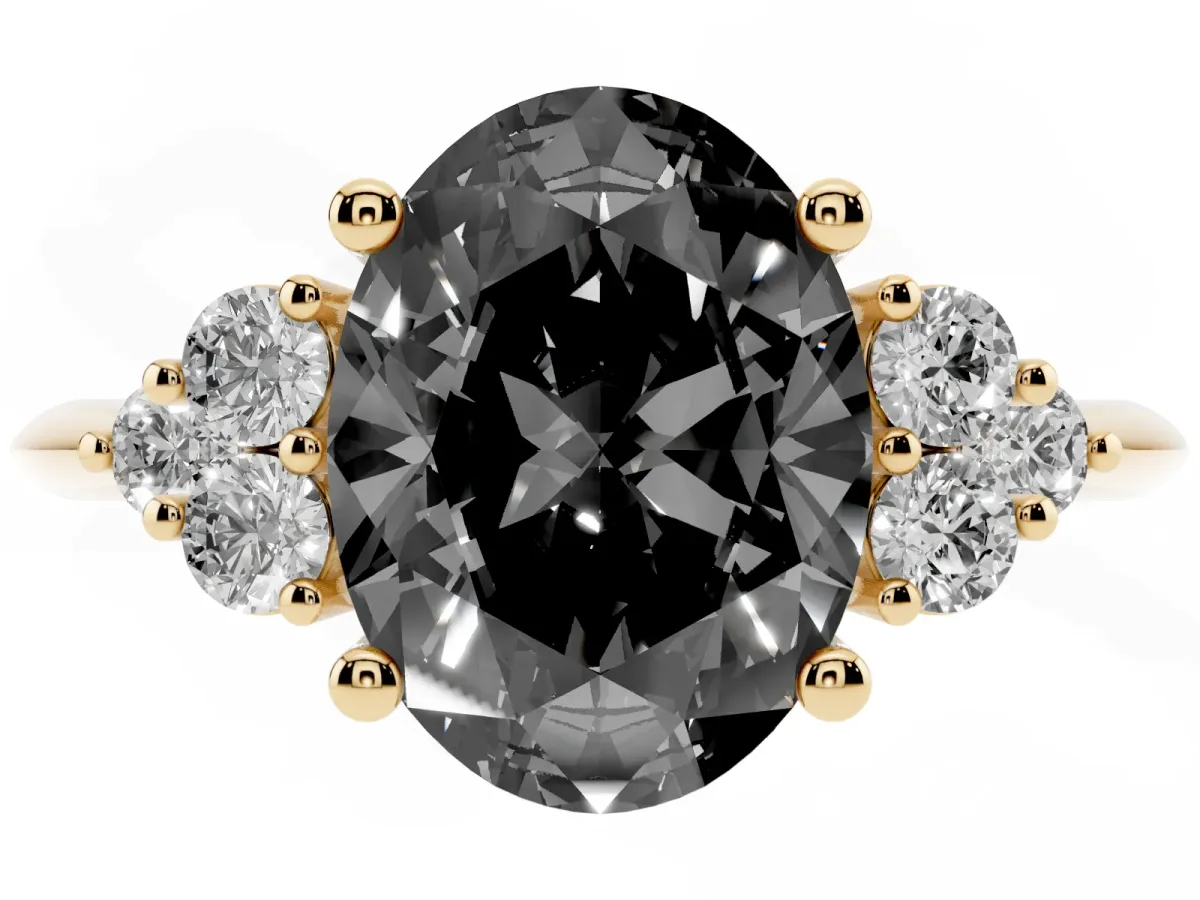 Fancy Black Oval Cut Cut Diamond Cluster Ring with Solitaire Band and Four-Prong Setting Yellow gold