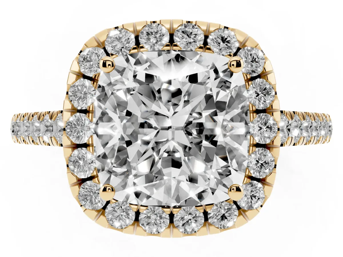 Cushion Cut Halo Pavé Diamond Engagement Ring with Four-Prong Setting Yellow gold