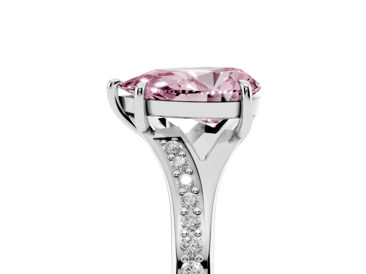 Fancy Pink Pear Cut Diamond Solitaire Ring with Pavé Band and Prong Setting Silver