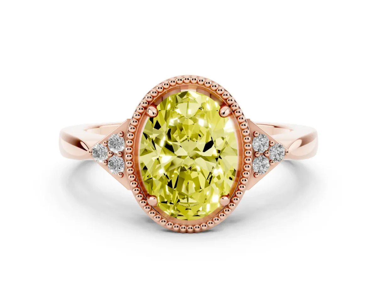 Fancy Yellow Hexagonal Halo Oval Cut Diamond Solitaire with Pavé Band and Four-Prong Setting Rose gold