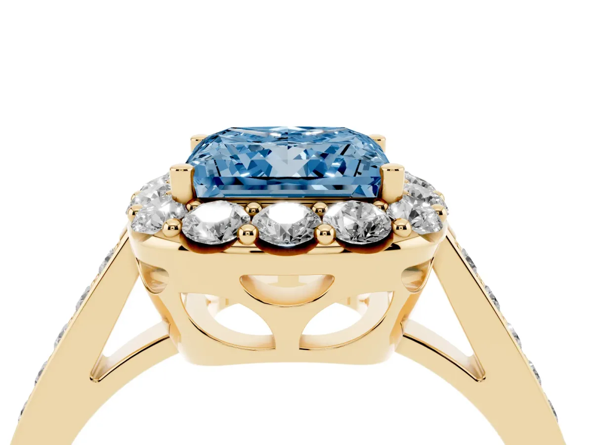 Fancy Blue Princess Cut Diamond Floral Halo Ring with Pavé Band and Prong Setting Yellow gold