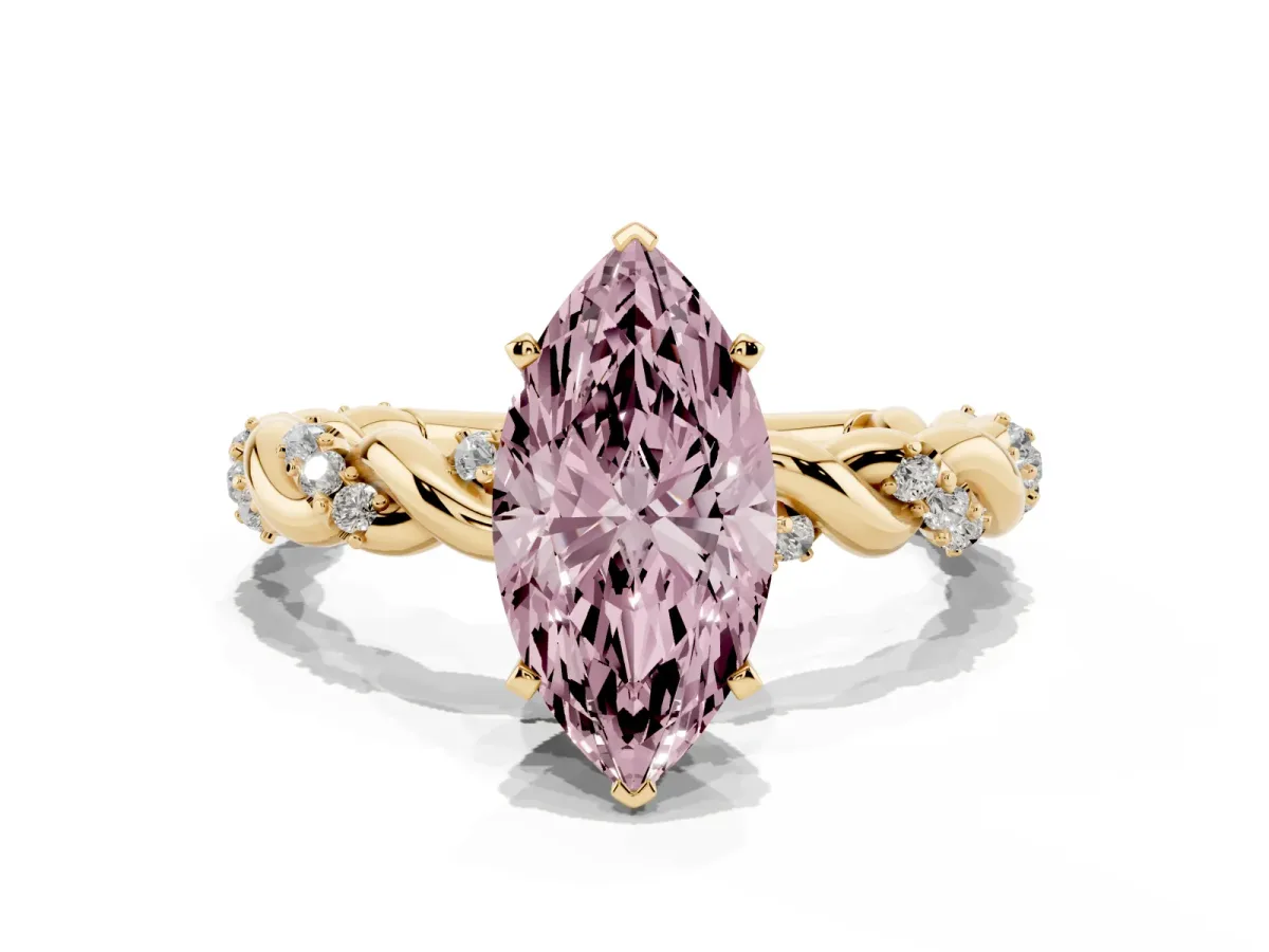 Fancy Pink Marquise Cut Diamond Solitaire Ring with Twisted Band and Pavé Accents Yellow gold