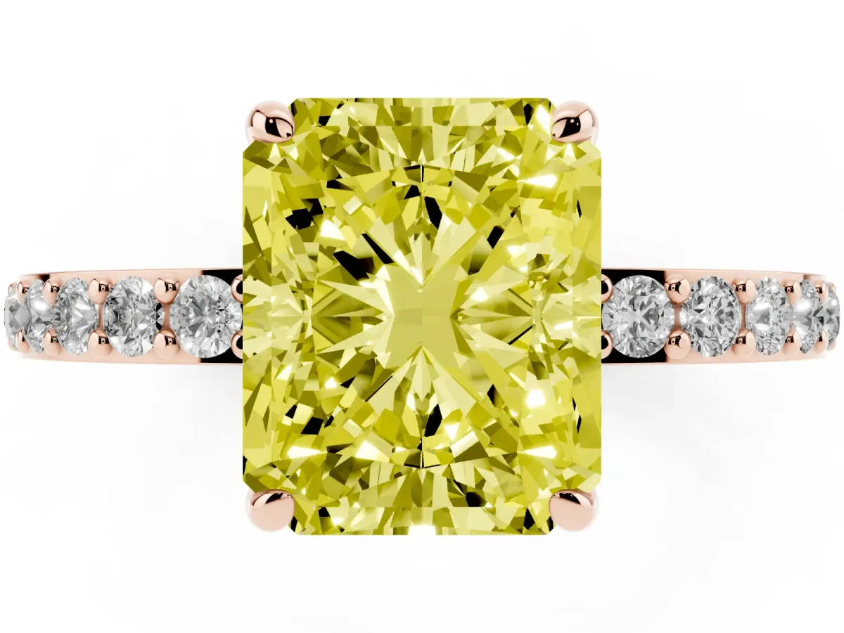 Fancy Yellow Radiant Cut Diamond Pavé Engagement Ring with Round Accents and Prong Setting Rose gold