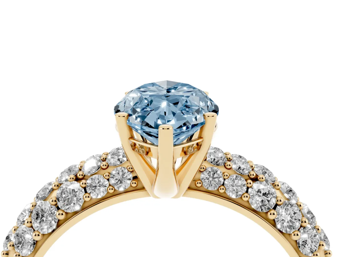 Fancy Blue Marquise Cut Diamond Pavé Band Solitaire Ring with Four-Prong Setting Yellow gold
