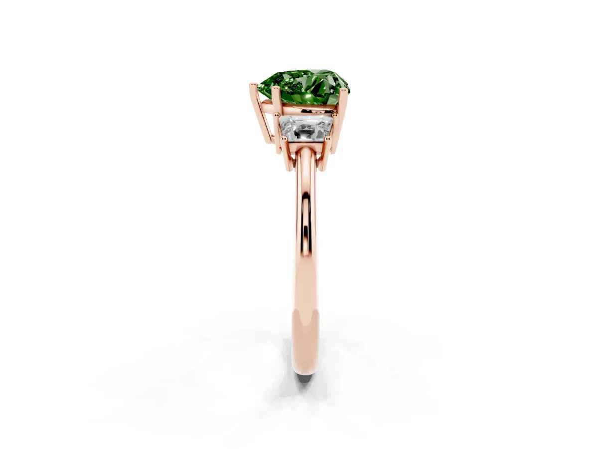 Fancy Green Heart Cut Diamond Three-Stone Ring with Trapezoid Side Stones and Prong Setting Rose gold