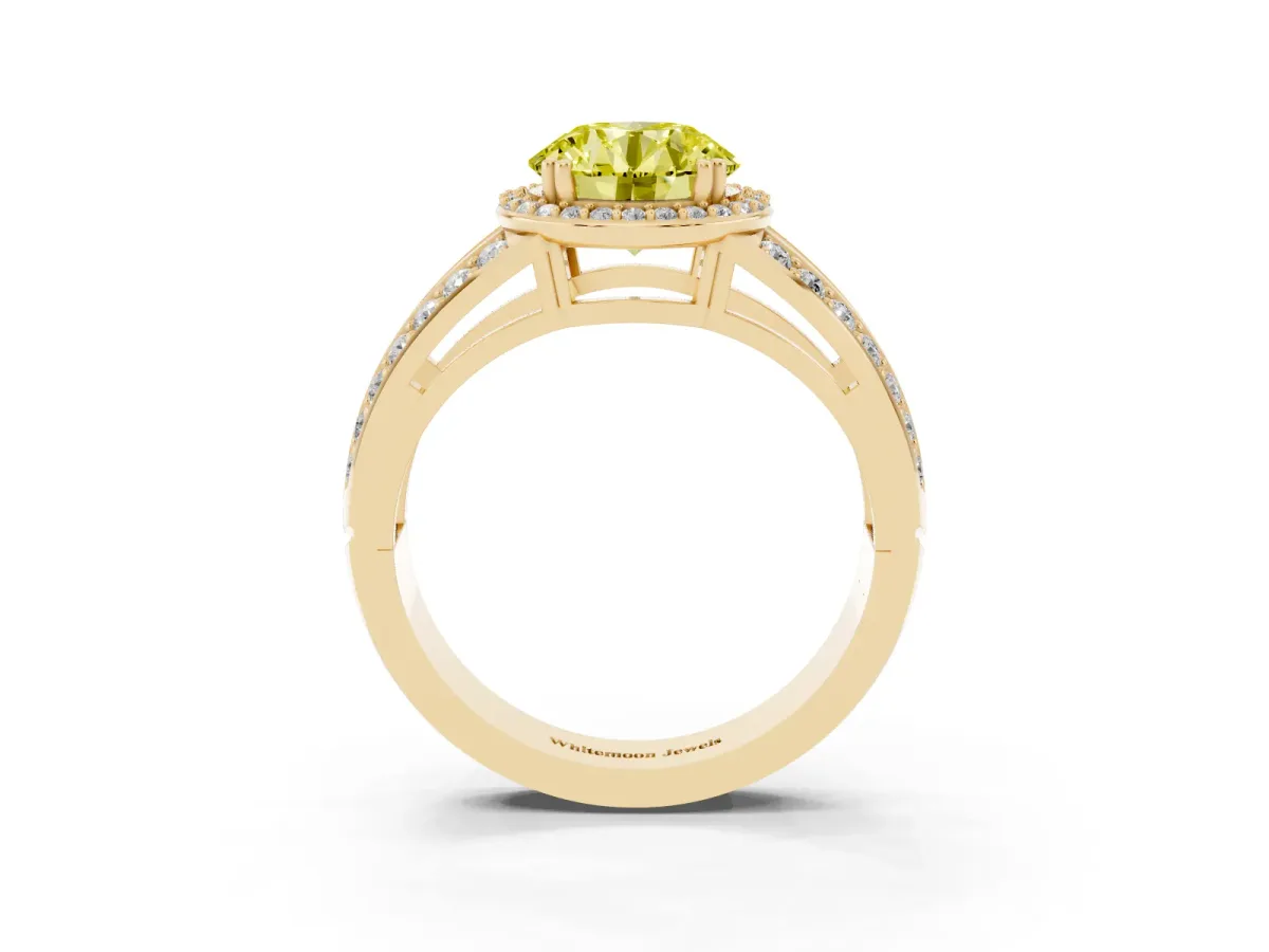 Fancy Yellow Round Cut Diamond Halo Ring with Split Shank Pavé Band and Four-Prong Setting Yellow gold