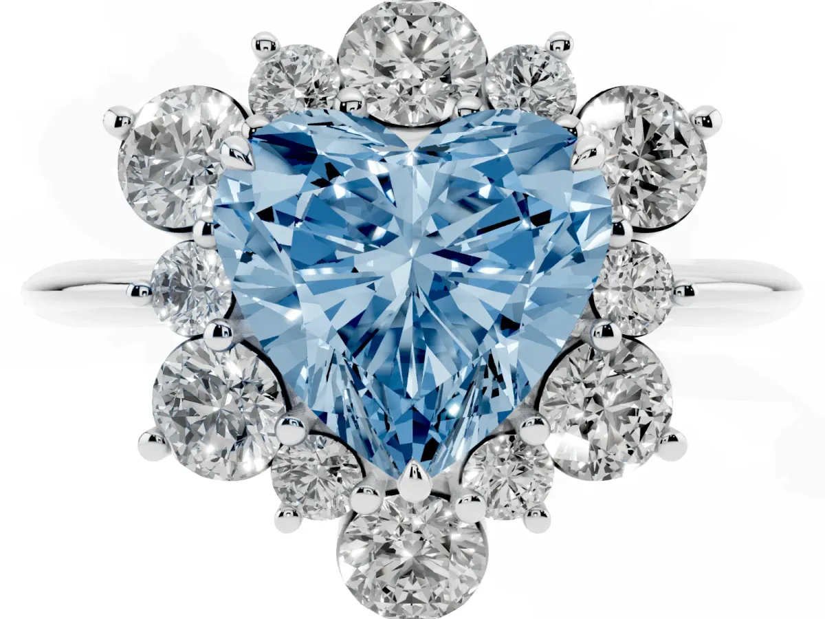 Fancy Blue Heart Cut Diamond Cluster Halo Ring with Solitaire Band and Four-Prong Setting White gold