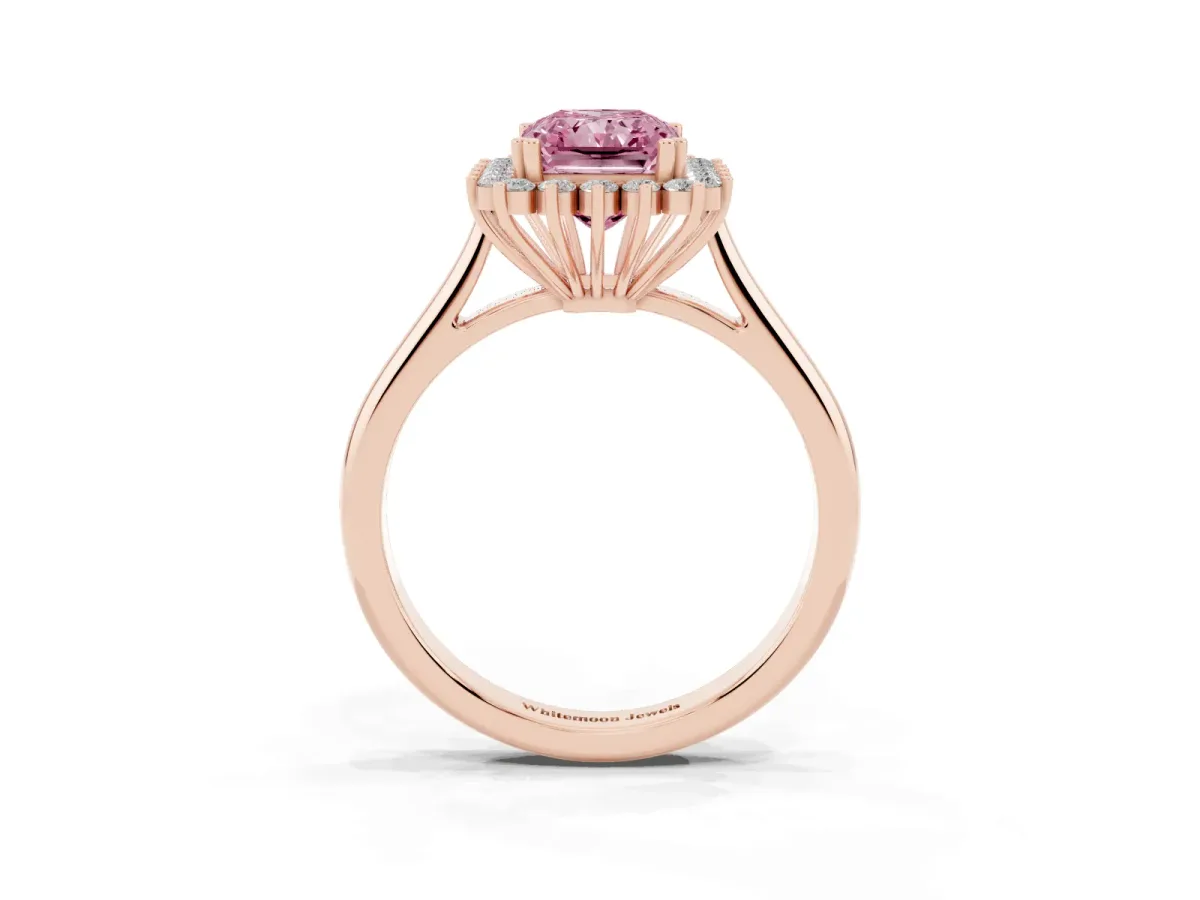 Fancy Pink Radiant Cut Cut Diamond Halo Ring with Solitaire Band and Prong Setting Rose gold