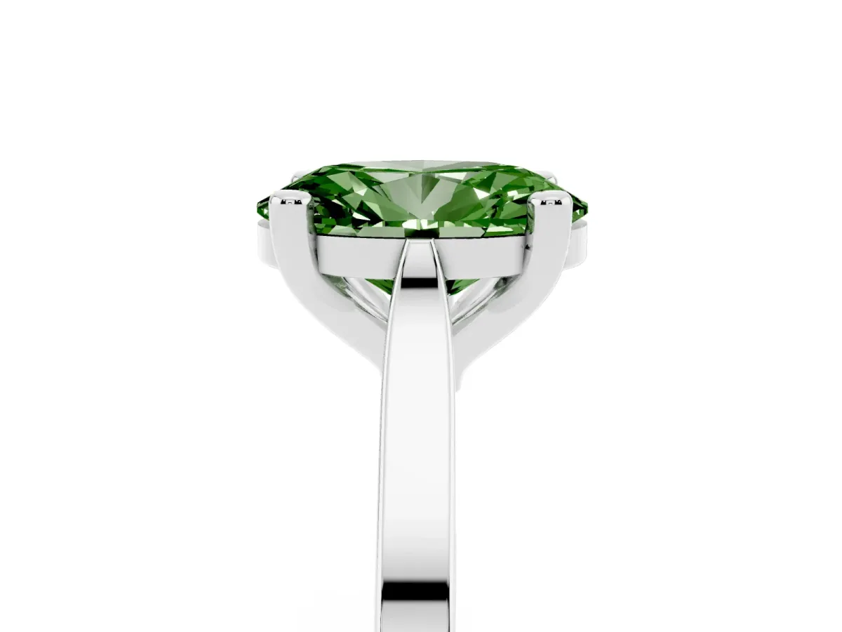 Fancy Green Oval Cut Solitaire Diamond Ring with Four-Prong Setting and Tapered Band Platinum