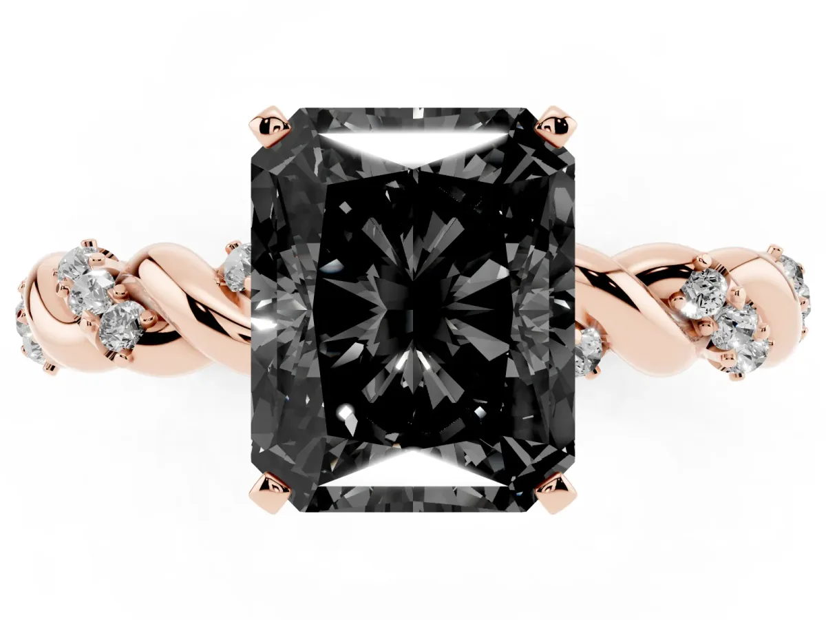 Fancy Black Radiant Cut Diamond Solitaire Ring with Twisted Band and Pavé Accents Rose gold