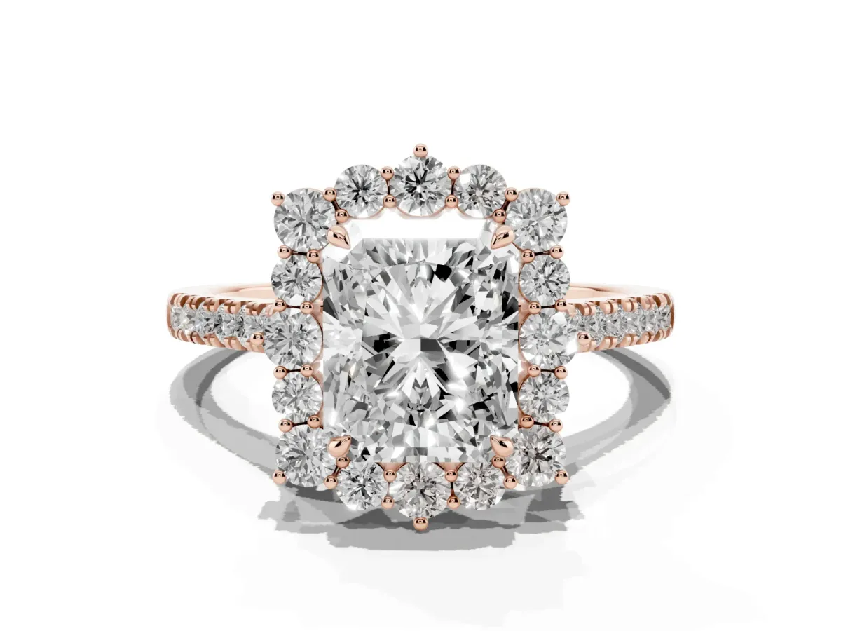 Radiant Cut Halo Diamond Ring with Pavé Band and Prong Setting Rose gold